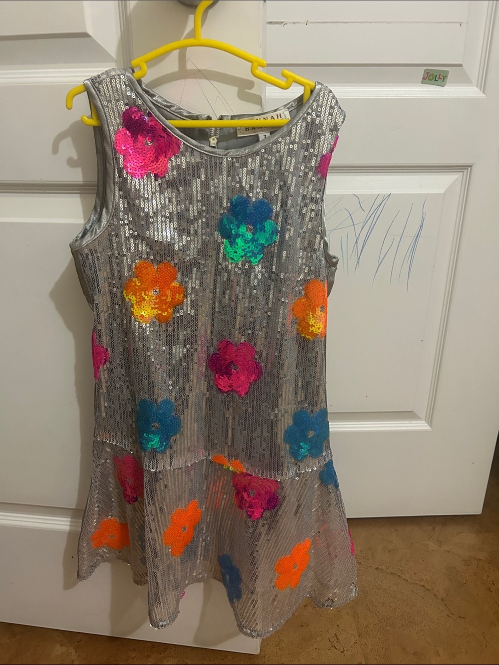 Hannah Banana Silver Sequin Dress with Multicolor Floral Appliqués
